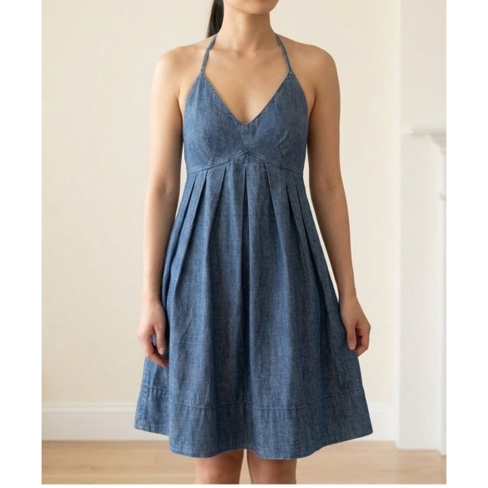 Lucky Brand Blue Denim Halter Mini Dress Smocked Back Pleated Small